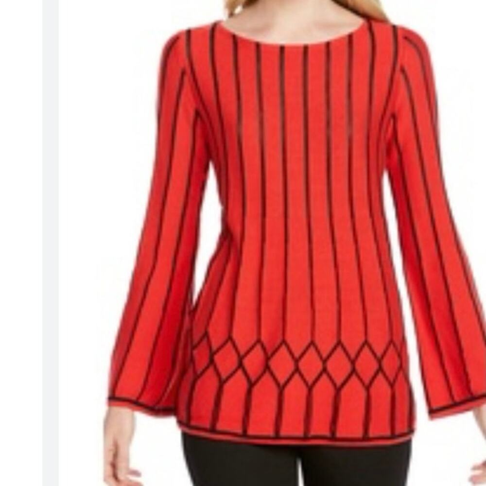 Foxcroft Affina Pointelle Stitch Knit Bell Sleeve Sweater Red Black Size L